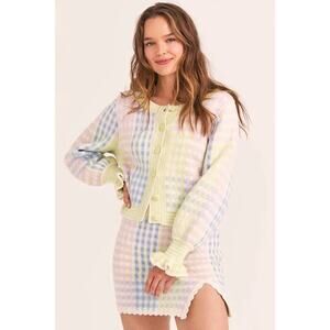 LoveShackFancy Keoni Cardigan & Pawley Skirt Set plaid pink blue yelllow Size L